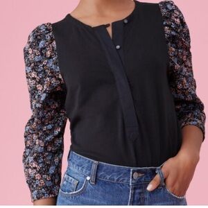 Rebecca Taylor Black Top with Floral Sleeves size M